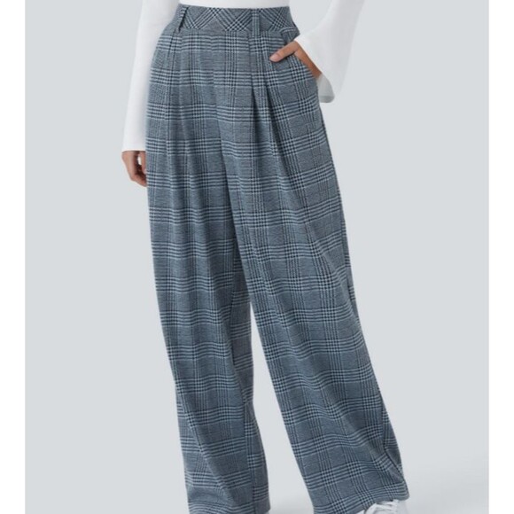 Halara Light Blue Houndstooth Plaid High Waist Wide Leg Pull On Pants Sz Medium - Picture 2 of 8